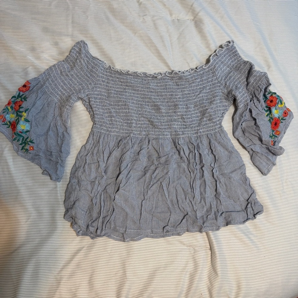 Hollister Medium Blue & White Stripe Smocked Floral Embroidered Blouse